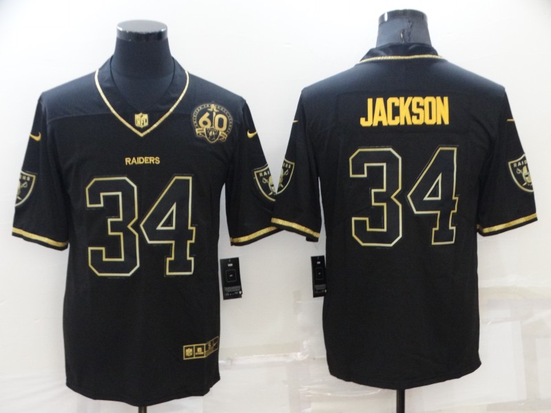 Men's Las Vegas Raiders #34 Bo Jackson Black/Gold With 60th Anniversary Patch Vapor Limited Stitched Jersey Men's Las Vegas Raiders #34 Bo Jackson Black/Gold With 60th Anniversary Patch Vapor Limited Stitched Jersey